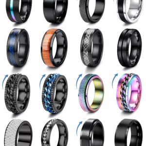 Besteel 16Pcs Stainless Steel Band Rings for Men Women Fidget Anxiety Relief Rings Cool Chain Beveled Edges Celtic Black Band Spinner Rings Set for Wedding Promise Mens Rings Pack