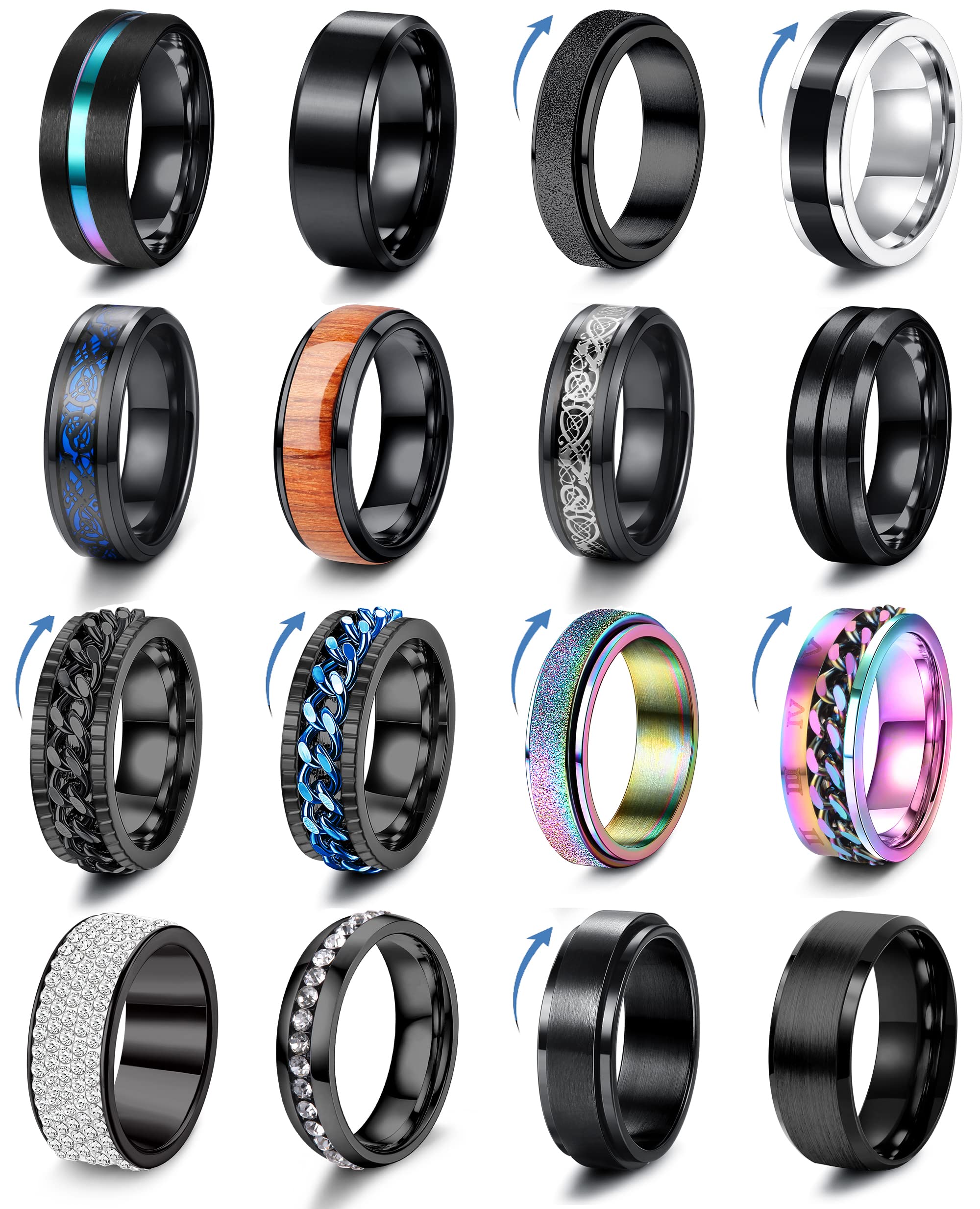 Besteel 16Pcs Stainless Steel Band Rings for Men Women Fidget Anxiety Relief Rings Cool Chain Beveled Edges Celtic Black Band Spinner Rings Set for Wedding Promise Mens Rings Pack