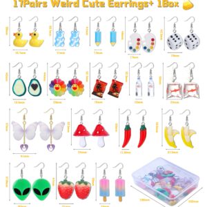 Sanfenly 17 Pairs Cute Weird Earrings Aesthetic Funny Earrings for Women Gummy Bear Duck Water Bottle Mushroom Butterfly Strawberry Banana Avocado Paint Palette Chili Funny Drop Dangle Earrings with