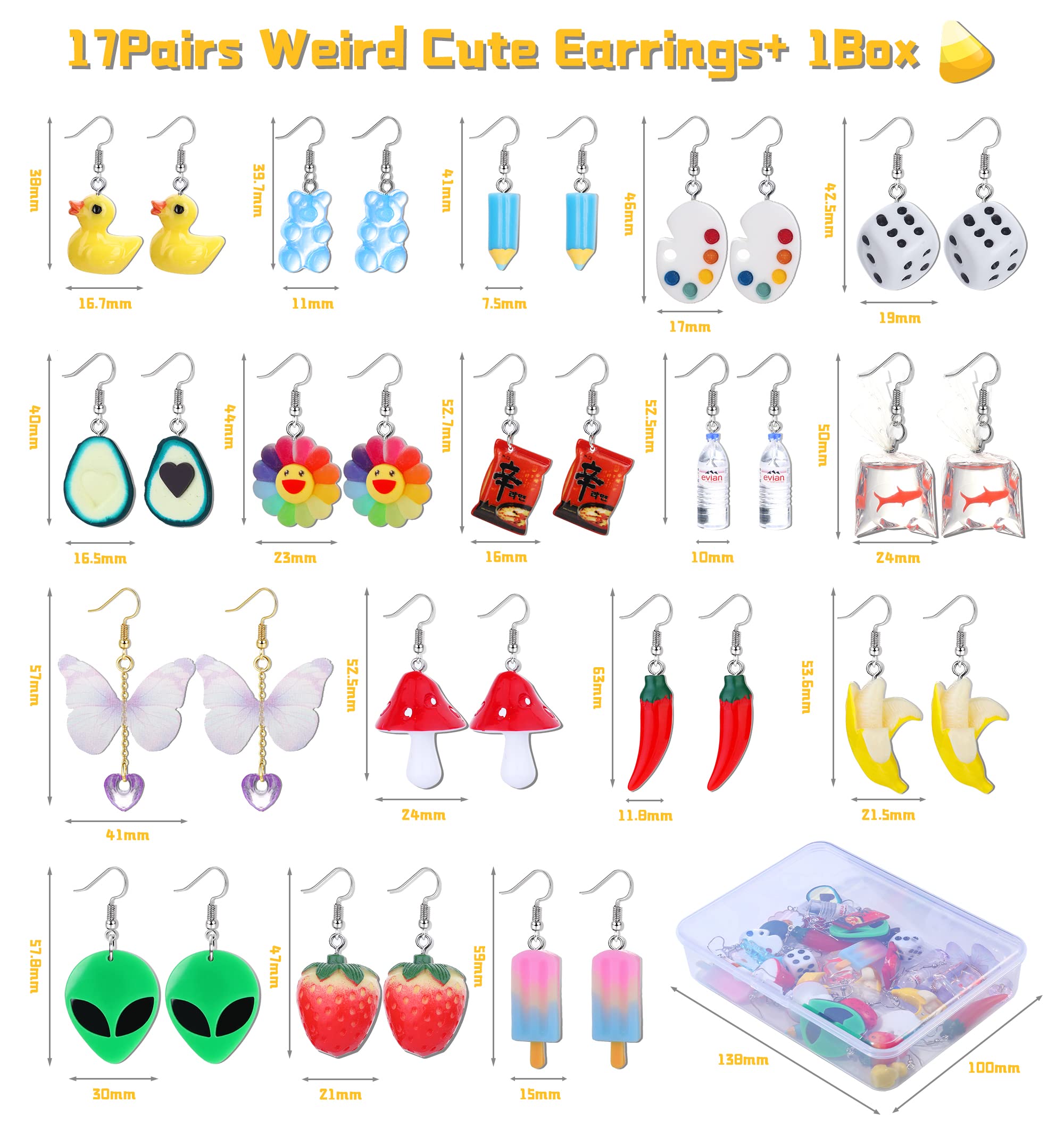 Sanfenly 17 Pairs Cute Weird Earrings Aesthetic Funny Earrings for Women Gummy Bear Duck Water Bottle Mushroom Butterfly Strawberry Banana Avocado Paint Palette Chili Funny Drop Dangle Earrings with