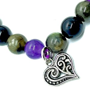 DCE Triple Stone OPTIMUM PROTECTION Gemstonets - Evil Eye for Protection - Labradorite - Amethyst - Black Tourmaline Beaded Healing Crystal Elastict with Heart Charm By DAZZLING CRYSTA