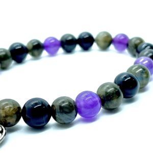 DCE Triple Stone OPTIMUM PROTECTION Gemstonets - Evil Eye for Protection - Labradorite - Amethyst - Black Tourmaline Beaded Healing Crystal Elastict with Heart Charm By DAZZLING CRYSTA