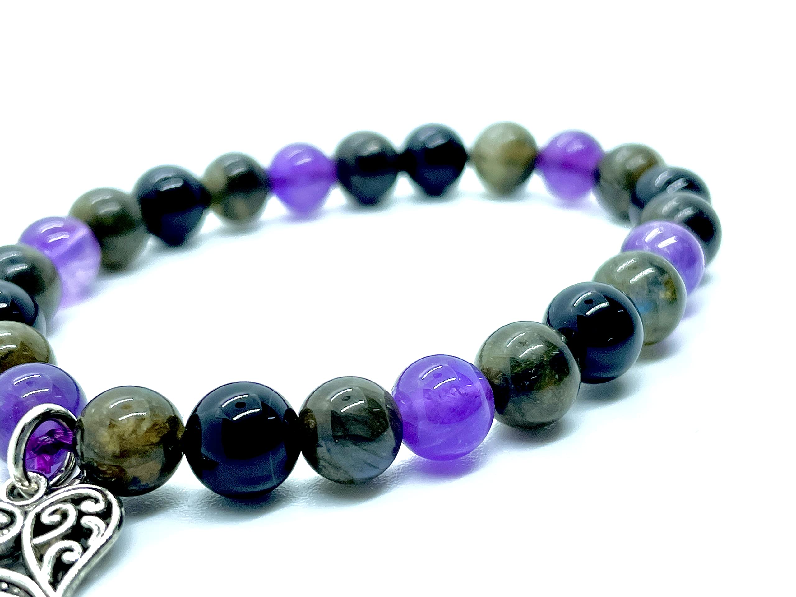 DCE Triple Stone OPTIMUM PROTECTION Gemstonets - Evil Eye for Protection - Labradorite - Amethyst - Black Tourmaline Beaded Healing Crystal Elastict with Heart Charm By DAZZLING CRYSTA