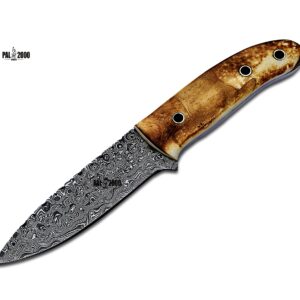 PAL 2000 KNIVES DAM-6003 Handmade Damascus Steel Knife Stained Camel Bone with Genuine Leather Sheath