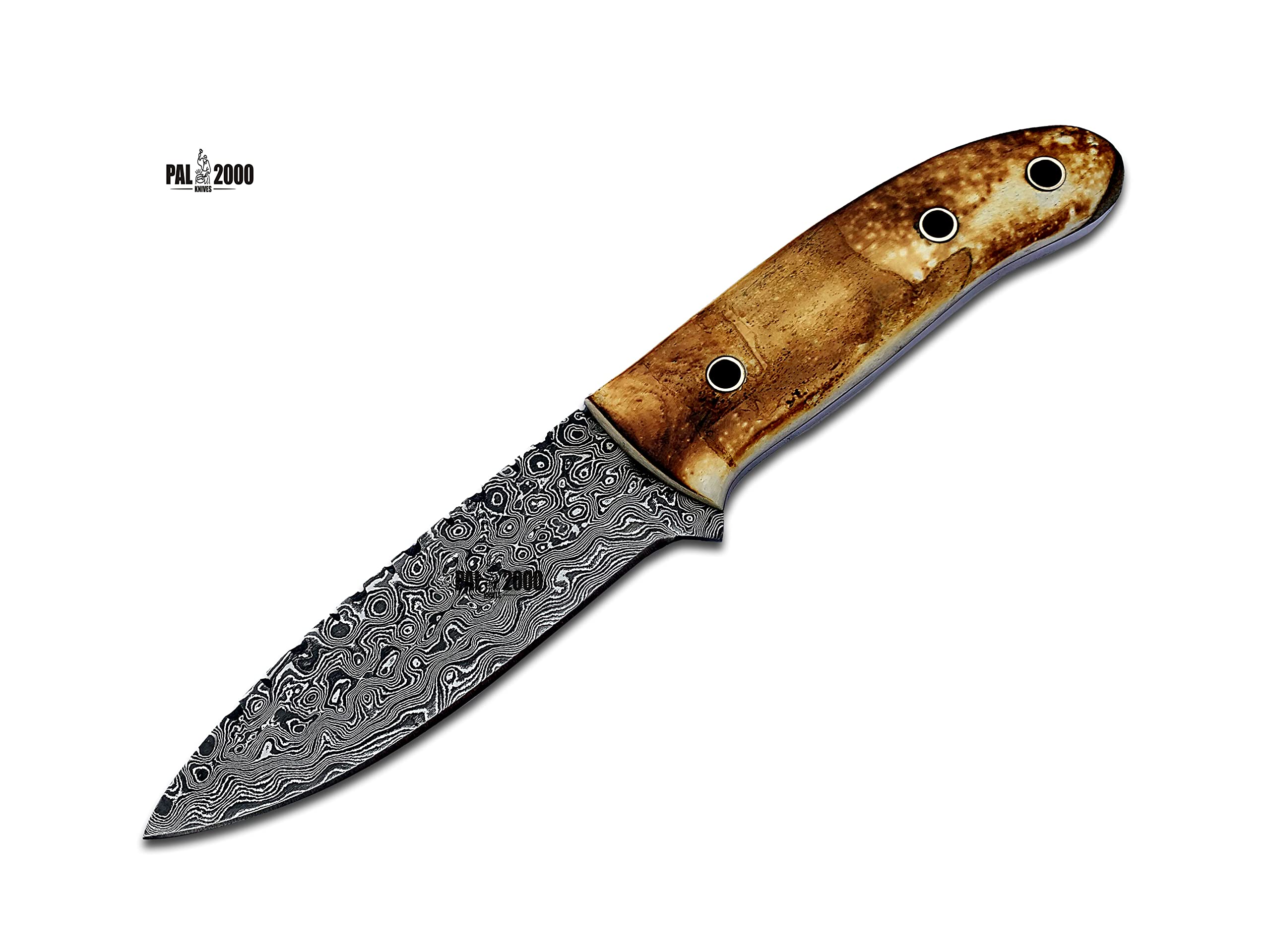 PAL 2000 KNIVES DAM-6003 Handmade Damascus Steel Knife Stained Camel Bone with Genuine Leather Sheath