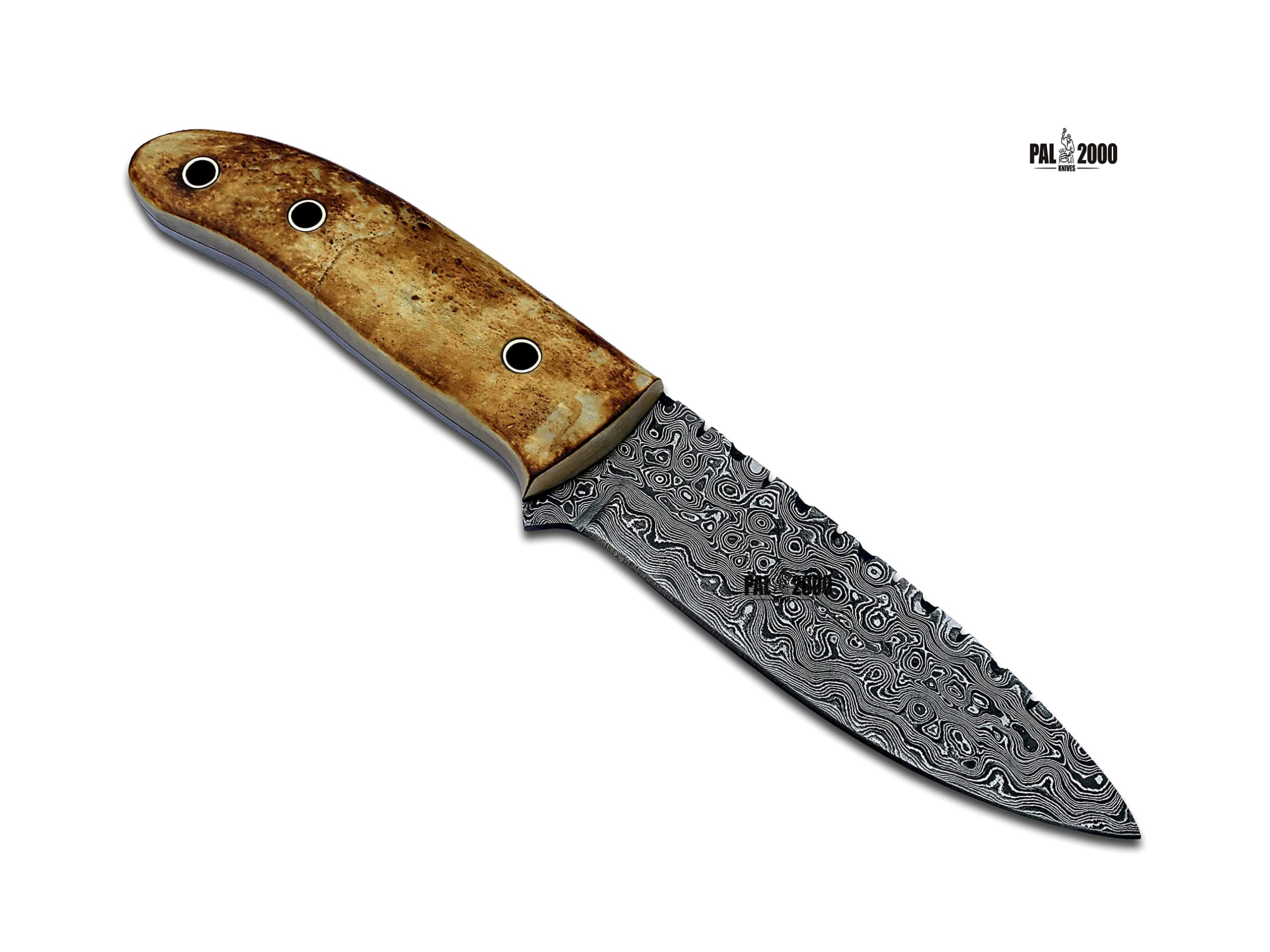 PAL 2000 KNIVES DAM-6003 Handmade Damascus Steel Knife Stained Camel Bone with Genuine Leather Sheath