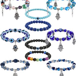 Ubjuliwa 10pcs Evil Eye Bracelet for Women Men Hamsa Blue Evil Eye Beaded Charm Stretch Bracelet Hand of Fatima Turkish Protection Bracelet Chakra Evil Eye Jewelry Gift