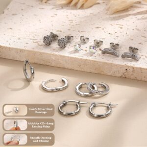 FASACCO 21Pairs Stainless Steel Earrings Silver Hoop Stud Earrings Sets for Multiple Piercing Small Tiny Stud Earrings Small Huggie Hoop Earrings