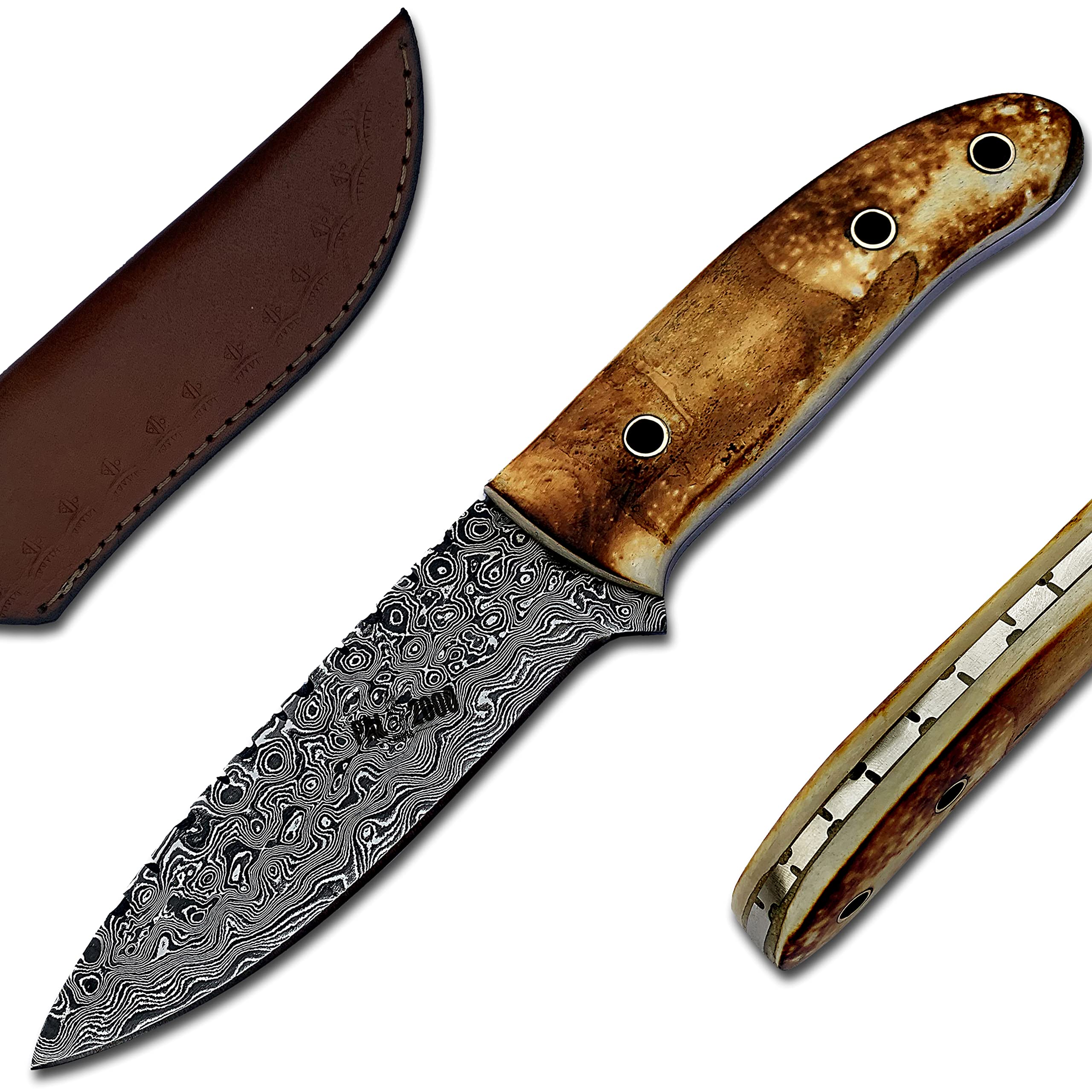 PAL 2000 KNIVES DAM-6003 Handmade Damascus Steel Knife Stained Camel Bone with Genuine Leather Sheath