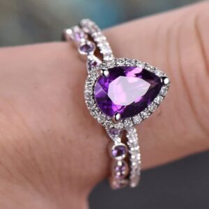 WDIYIEETN 2pcs Womens Purple CZ Crystal Engagement Rings 925 Sterling Silver Shining Amethyst Ring Teardrop Shape Cubic Zirconia Promise Rings Set(8)