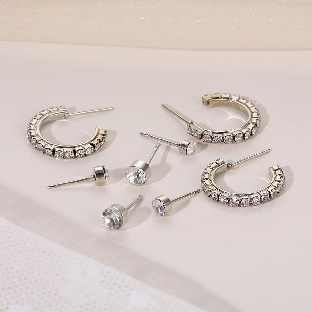 Xerling Rhinestone Stud Earrings Set for Women Multiple Piercings Small Huggie Hoop Silver Earrings Dainty Open Earrings Ear Cuff 8 Pairs