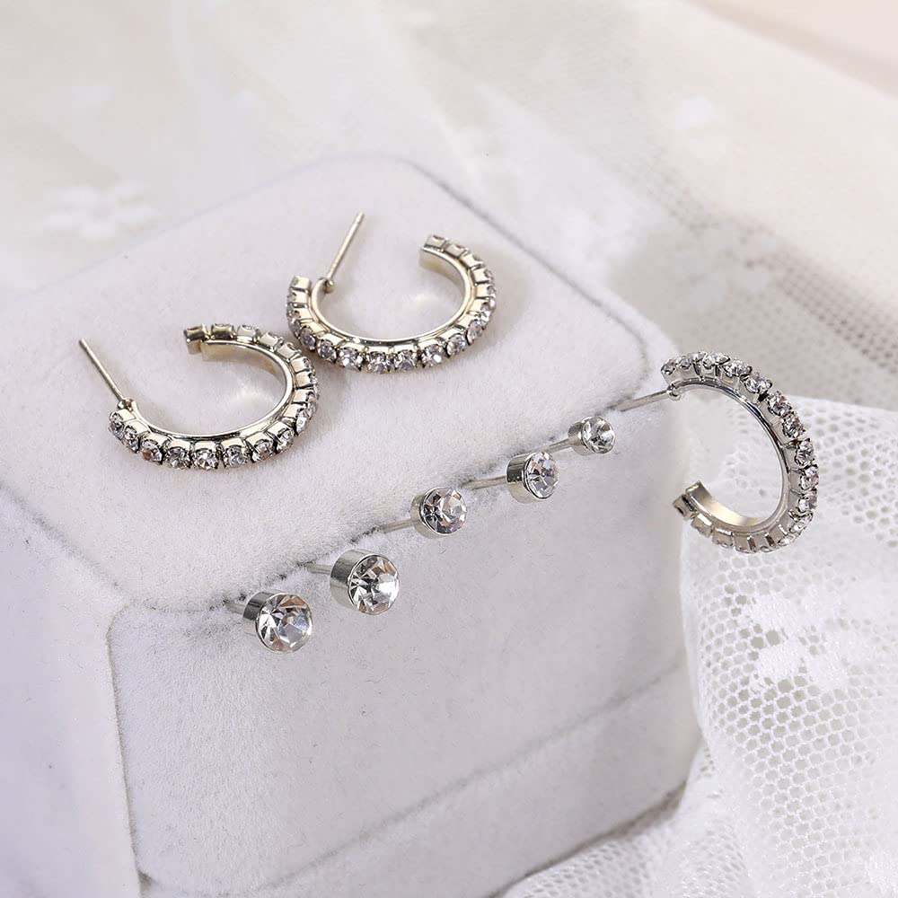 Xerling Rhinestone Stud Earrings Set for Women Multiple Piercings Small Huggie Hoop Silver Earrings Dainty Open Earrings Ear Cuff 8 Pairs