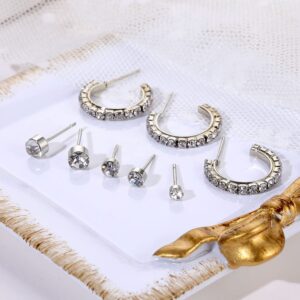 Xerling Rhinestone Stud Earrings Set for Women Multiple Piercings Small Huggie Hoop Silver Earrings Dainty Open Earrings Ear Cuff 8 Pairs