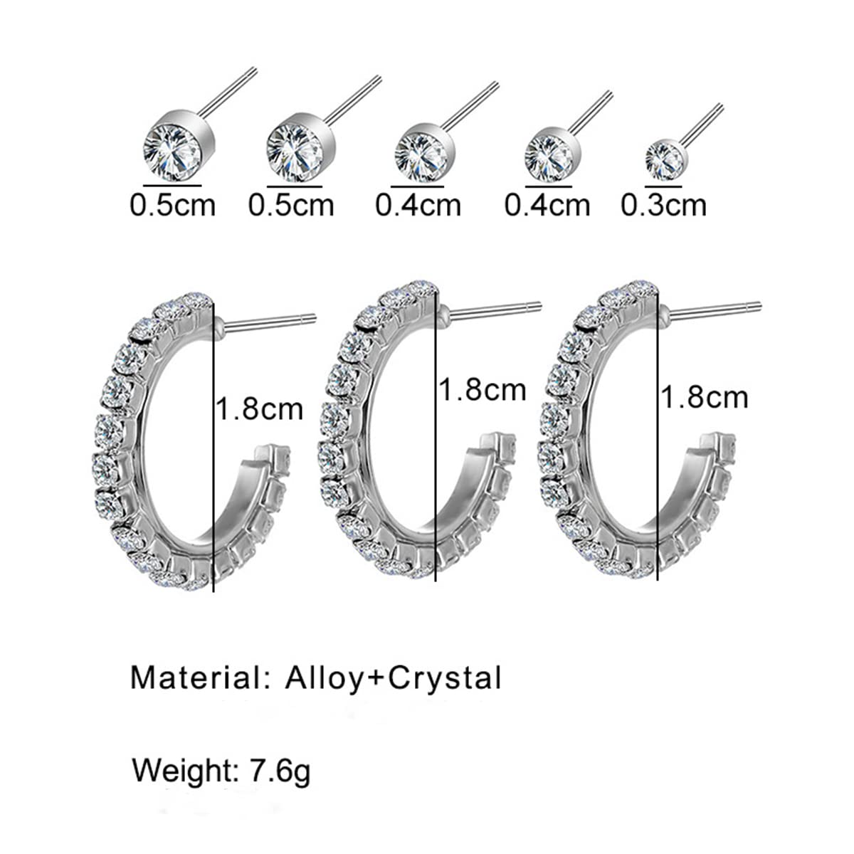 Xerling Rhinestone Stud Earrings Set for Women Multiple Piercings Small Huggie Hoop Silver Earrings Dainty Open Earrings Ear Cuff 8 Pairs