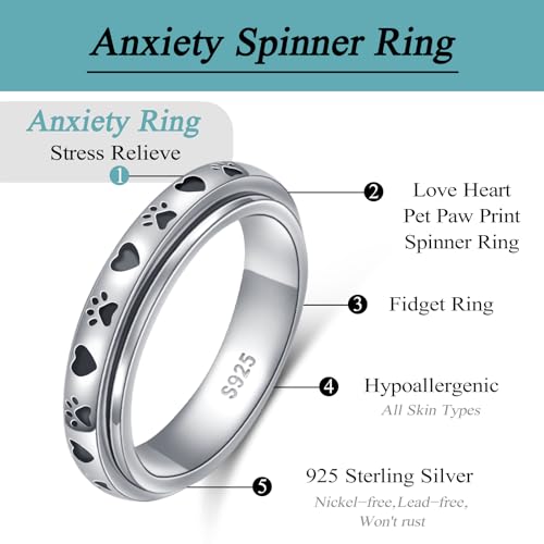 Ladytree Pet Paw Print Anxiety Relieve Spinner Rings Cat Puppy Animal Love Heart Spinner Fidget Ring Sterling Silver Worry Stress Relieving Boredom ADHD Autism Ring for Women Men(8)