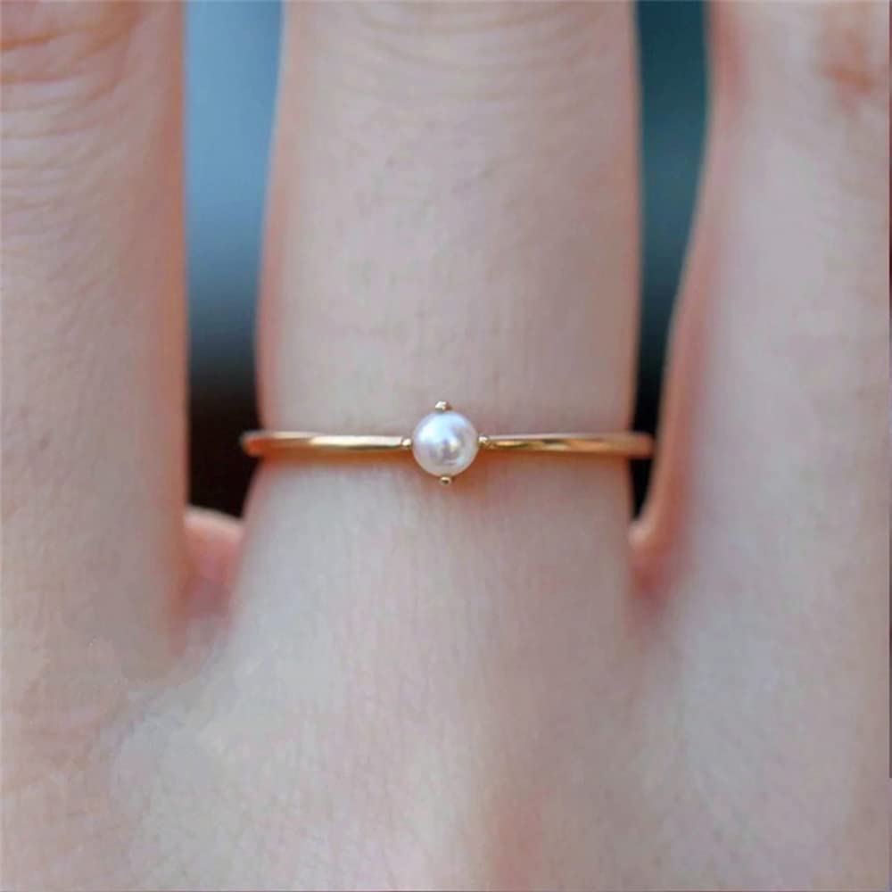 WDIYIEETN 18K Gold Plated Simple Pearl Ring Four Claw Round Dainty Pearl Ring Ladies Wedding Ring (5)