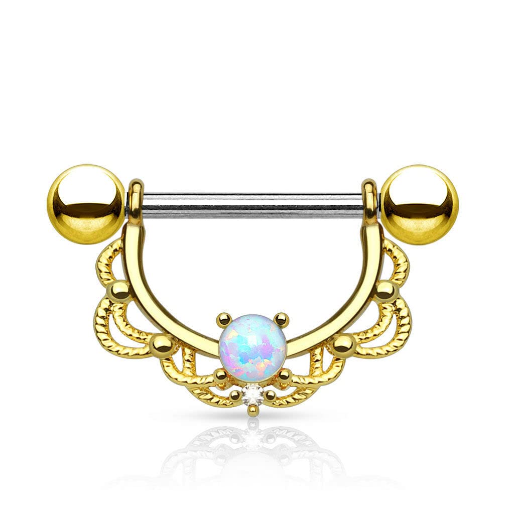 Pair of Opal Fligree 14K Gold Plated Surgical Steel Nipple Rings Barbells 14G - Gold