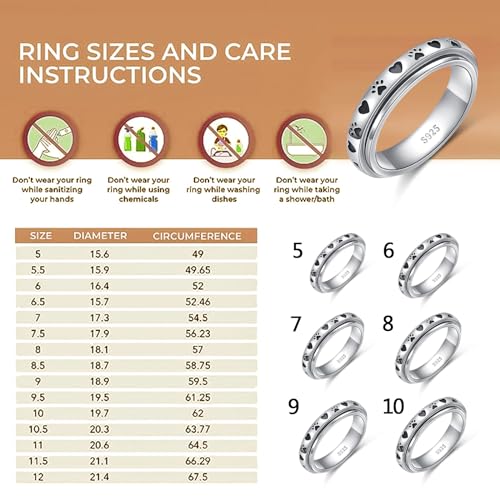 Ladytree Pet Paw Print Anxiety Relieve Spinner Rings Cat Puppy Animal Love Heart Spinner Fidget Ring Sterling Silver Worry Stress Relieving Boredom ADHD Autism Ring for Women Men(8)