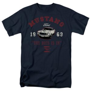 Popfunk Classic Ford Mustang The Boss is in Unisex Adult T Shirt, Navy, Small