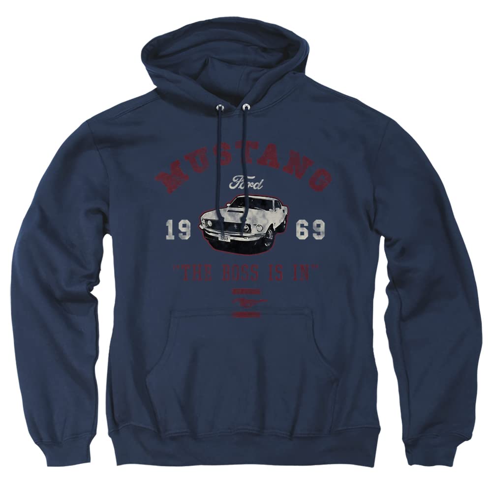 Popfunk Classic Ford Mustang The Boss Is In Unisex Adult Pull-Over Hoodie, Navy, Large