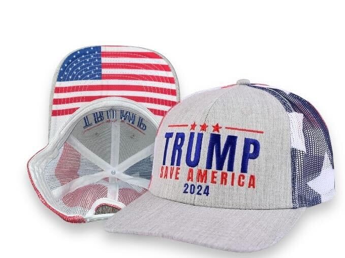 Donald Trump 2024 Save America Hat American Flag MAGA Trucker Hat for Republicans and President Supporters | Perfect for a Trump Rally Grey