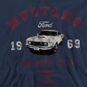 Popfunk Classic Ford Mustang The Boss Is In Unisex Adult Pull-Over Hoodie, Navy, Large