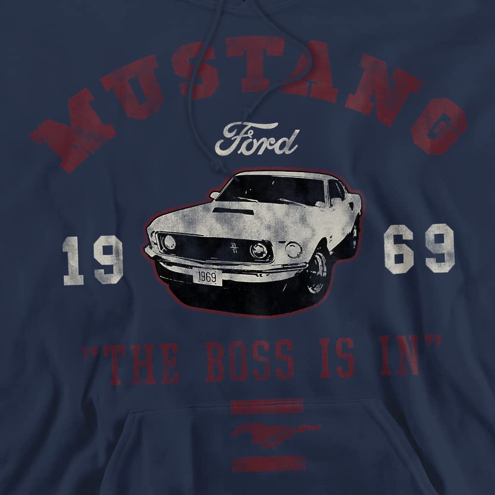 Popfunk Classic Ford Mustang The Boss Is In Unisex Adult Pull-Over Hoodie, Navy, Large