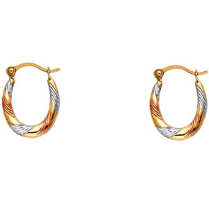 14k REAL Tri Color Twist and Line Pattern Oval Hoop Earrings (12 x 15mm)