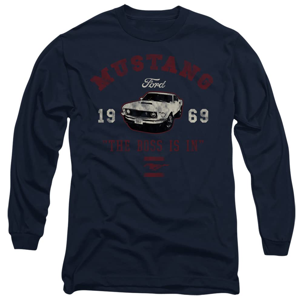 Popfunk Classic Ford Mustang The Boss is in Unisex Adult Long-Sleeve T Shirt, Navy, Small