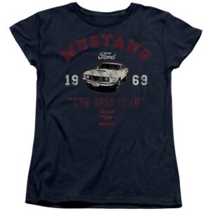 Popfunk Classic Ford Mustang The Boss is in Women's T Shirt,Navy, Large