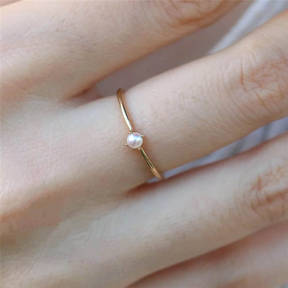 WDIYIEETN 18K Gold Plated Simple Pearl Ring Four Claw Round Dainty Pearl Ring Ladies Wedding Ring (5)