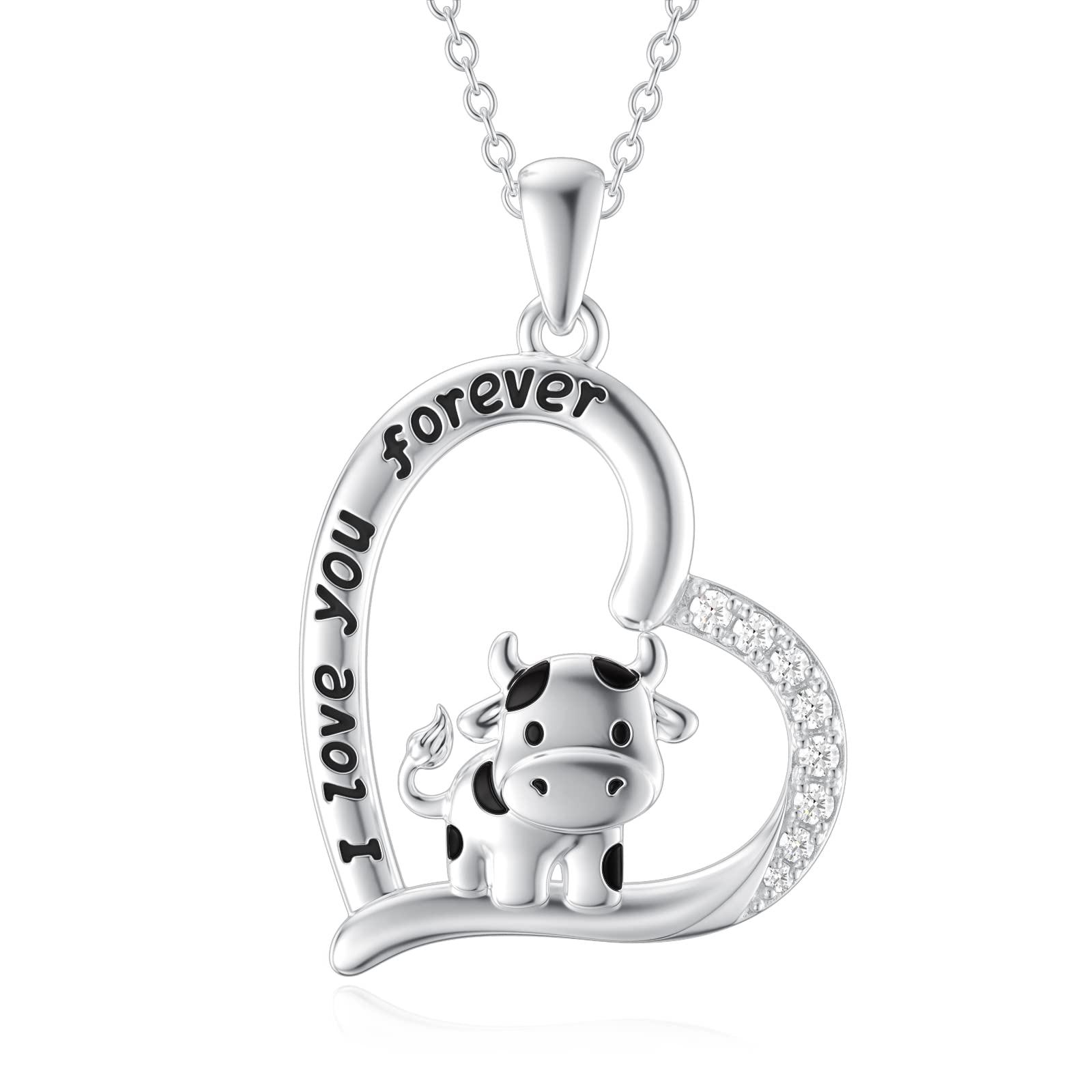 MEIDERBO Cow Necklace 925 Sterling Silver I Love You Forever Heart Cow Pendant Necklace Cow Jewelry Gifts for Women Cow Lovers