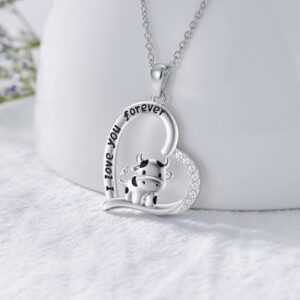 MEIDERBO Cow Necklace 925 Sterling Silver I Love You Forever Heart Cow Pendant Necklace Cow Jewelry Gifts for Women Cow Lovers