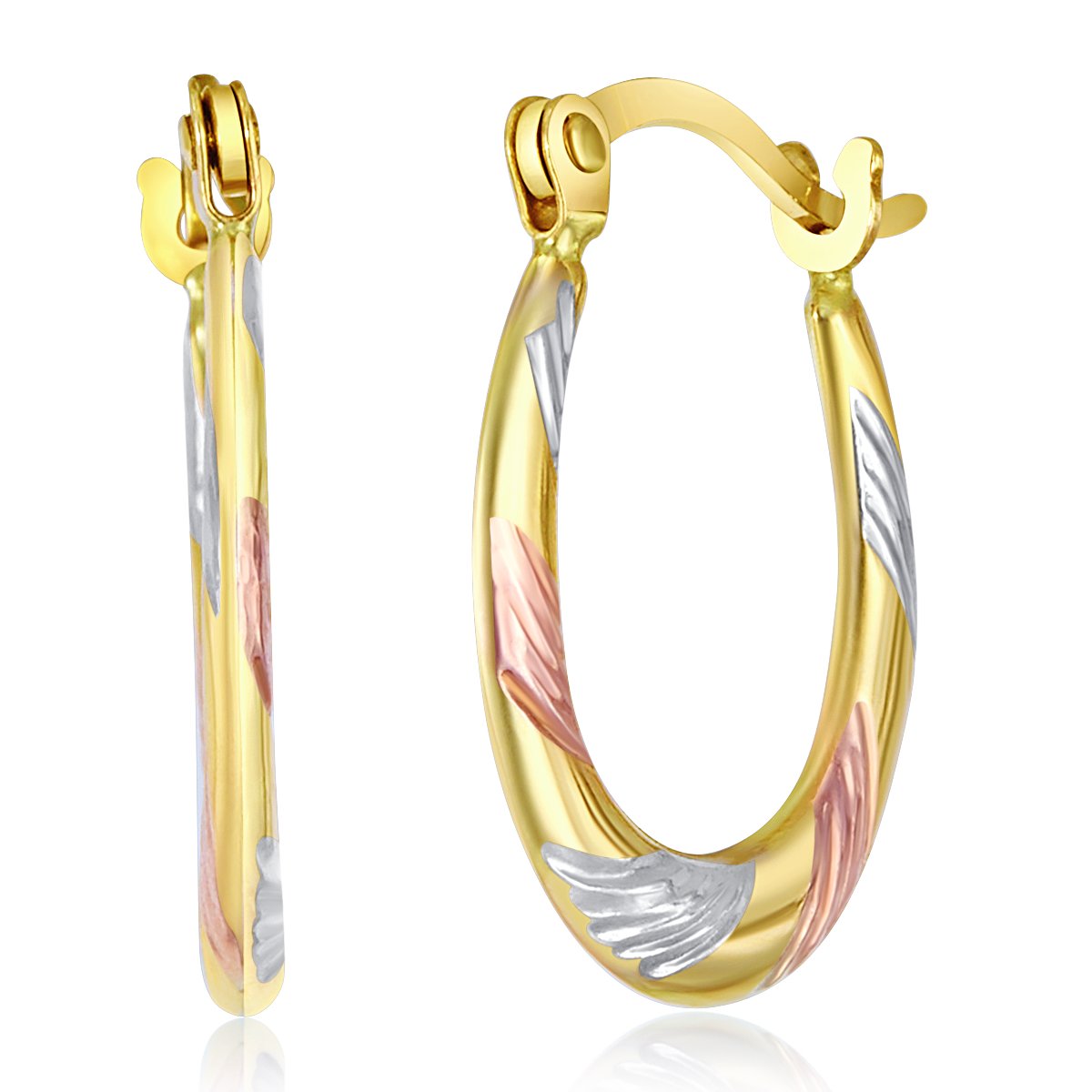 14k REAL Tri Color Twist and Line Pattern Oval Hoop Earrings (12 x 15mm)