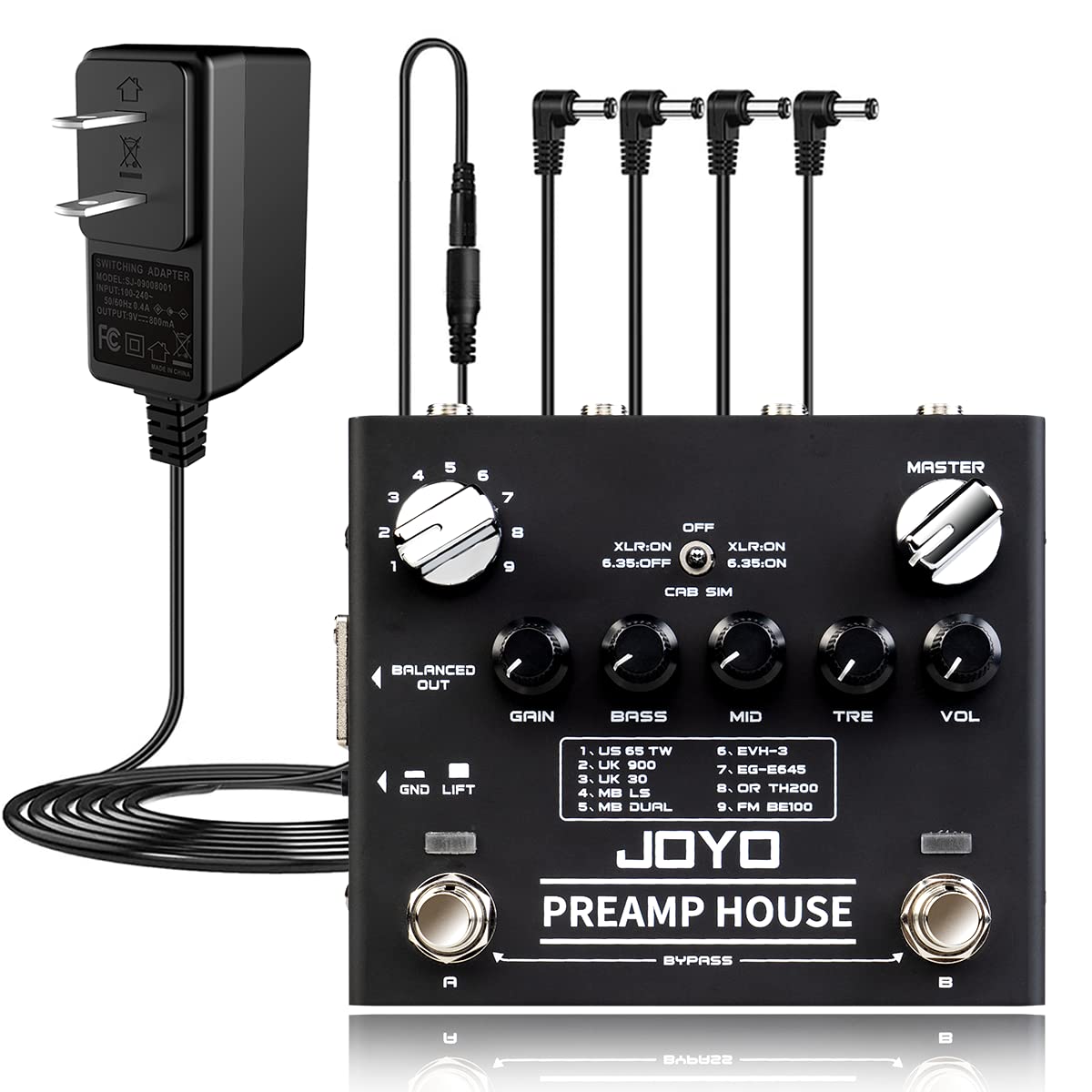 JOYO R-15 Dual Channel Preamp Cabinet Simulation Effect Pedal Bundle with DC 9V Pedal Power Supply (800mA -1A) AC Adapter