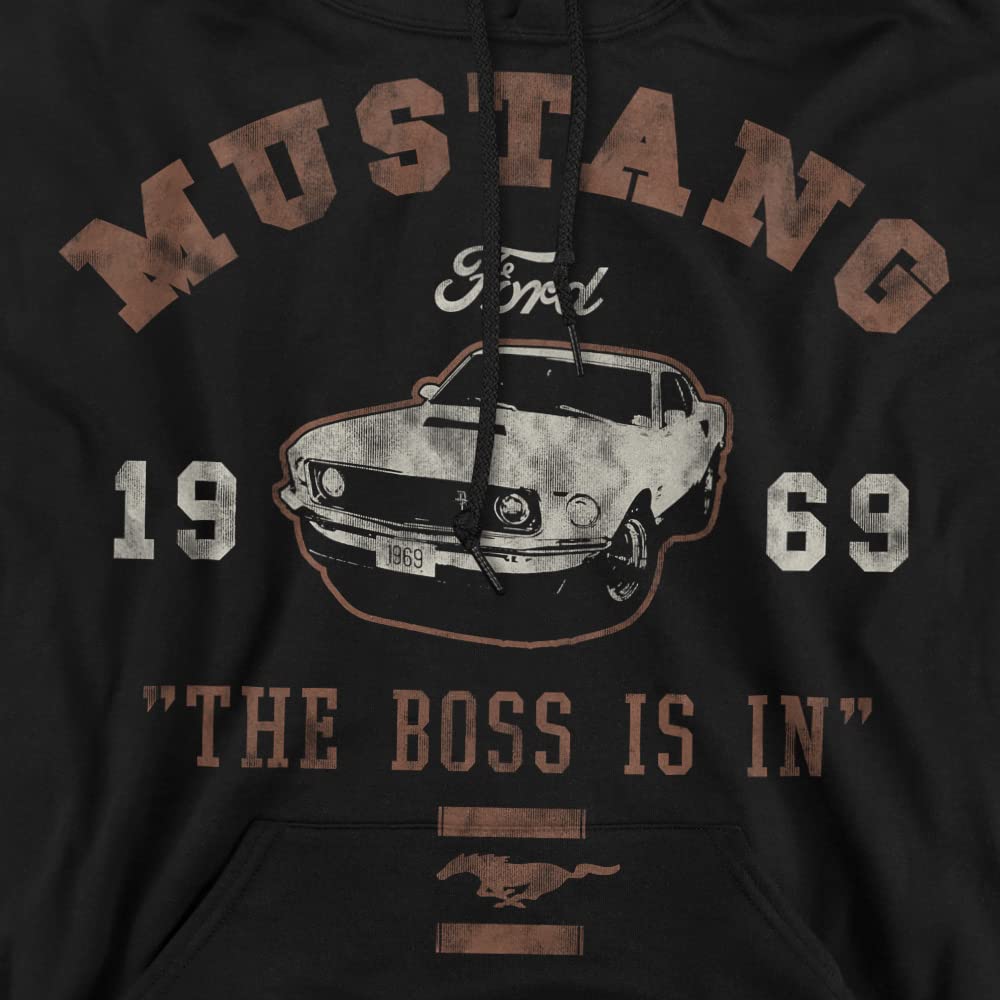 Popfunk Classic Ford Mustang The Boss Is In Unisex Adult Pull-Over Hoodie, Black,Small