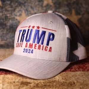 Donald Trump 2024 Save America Hat American Flag MAGA Trucker Hat for Republicans and President Supporters | Perfect for a Trump Rally Grey