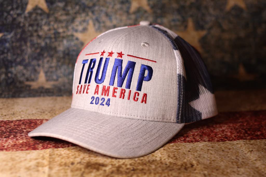 Donald Trump 2024 Save America Hat American Flag MAGA Trucker Hat for Republicans and President Supporters | Perfect for a Trump Rally Grey