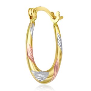 14k REAL Tri Color Twist and Line Pattern Oval Hoop Earrings (12 x 15mm)