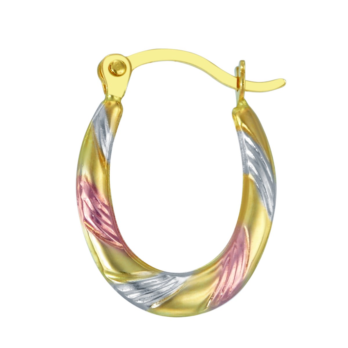 14k REAL Tri Color Twist and Line Pattern Oval Hoop Earrings (12 x 15mm)