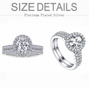 Oval Bridal Sets Wedding Ring Set for Women Platinum Plated Silver, 1Carat Center Moissanite Engagement Ring Set White Gold Anniversary Promise Rings for Her with Text Engraving（size 7