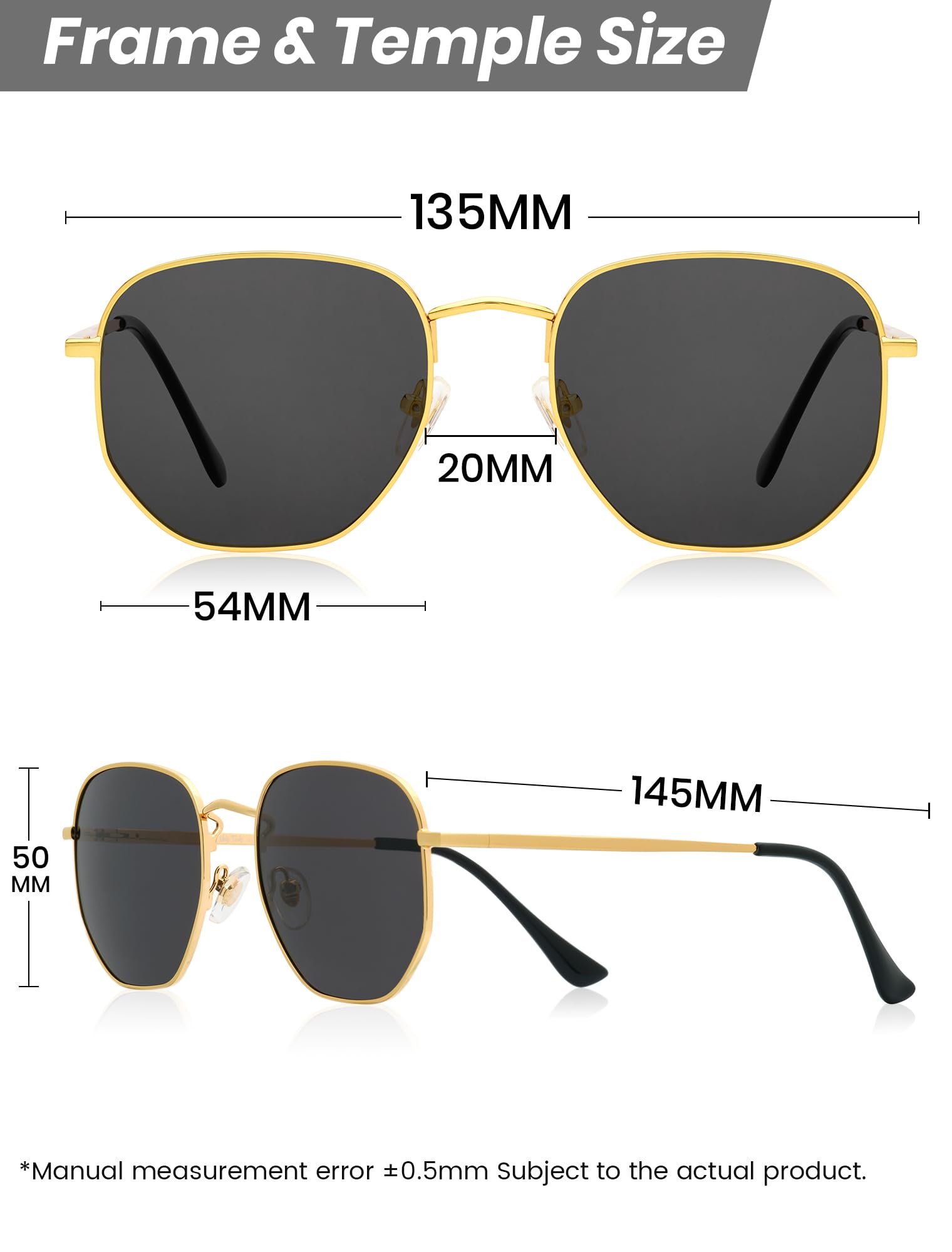 Veda Tinda Vision Hexagon Sunglasses for Women Men Trendy Black Retro Polygon Polarized TAC Lens Metal Frame UV400 Polarized Protection With Eyeglasses Chain C05S01