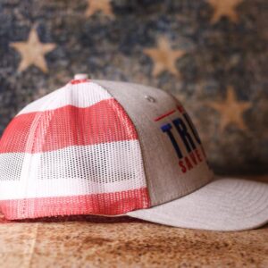 Donald Trump 2024 Save America Hat American Flag MAGA Trucker Hat for Republicans and President Supporters | Perfect for a Trump Rally Grey