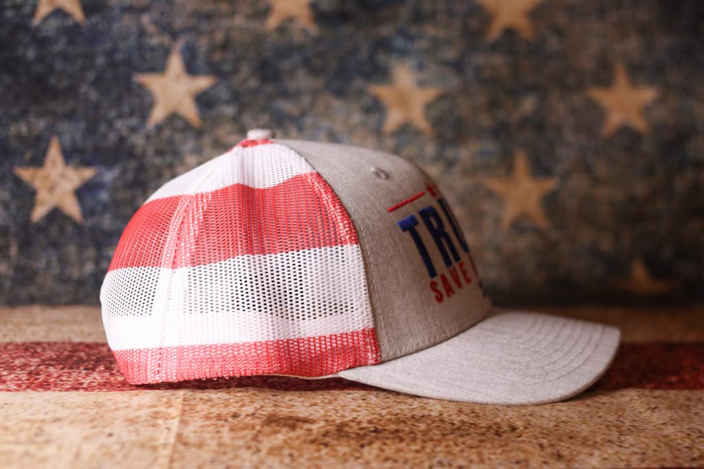 Donald Trump 2024 Save America Hat American Flag MAGA Trucker Hat for Republicans and President Supporters | Perfect for a Trump Rally Grey