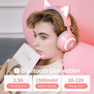 EASARS Wireless Cat Ear Headphones, Pink Gaming Headset Bluetooth 5.0 for Smartphone, Retractable Mic, 50mm Drivers, RGB Lighting Headset with Mic (USB Dongle Not Included)