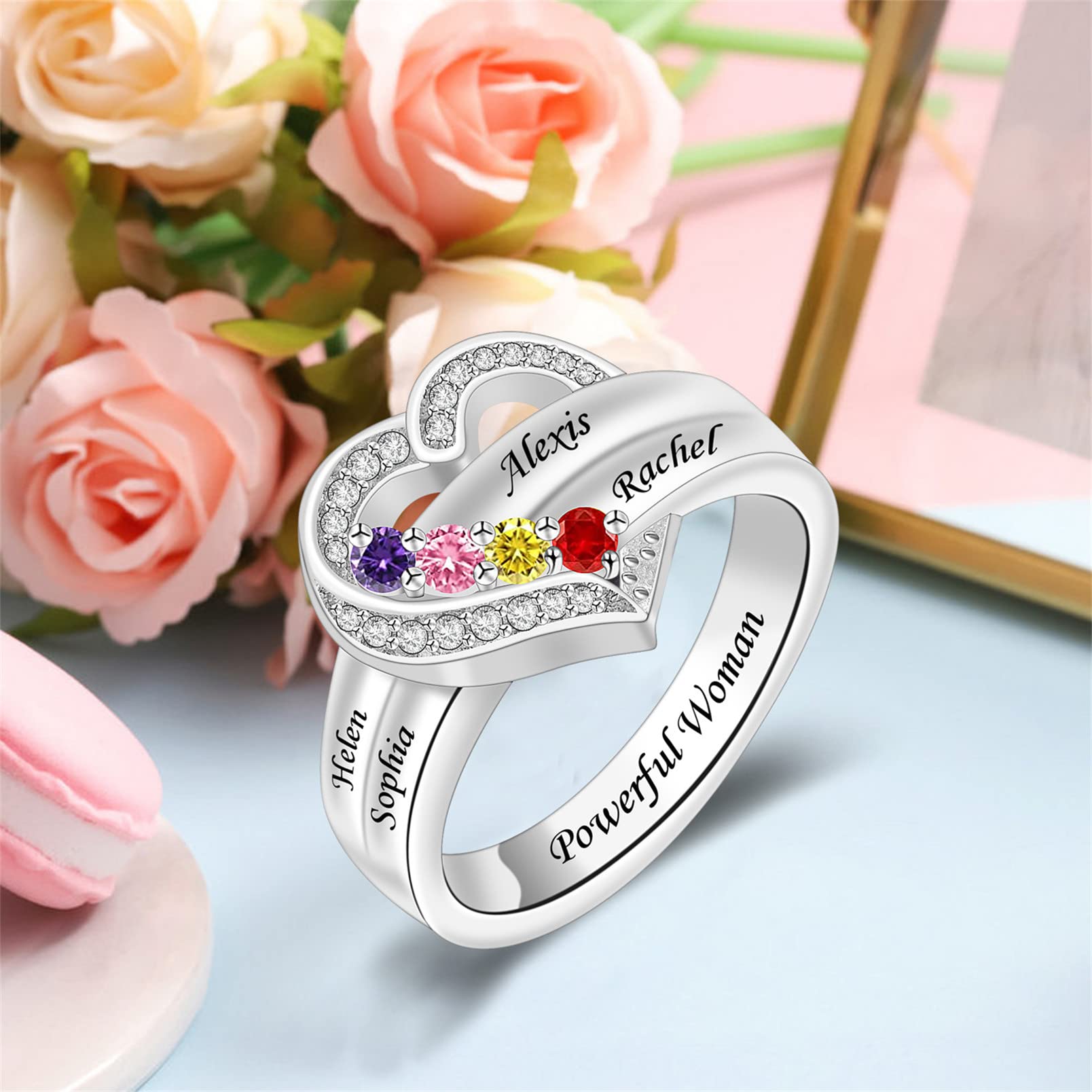 Seecoco Personalized Mothers Rings with 1-8 Simulated Birthstones Heart Mother Ring with Names Custom Mother Daughter Ring Jewelry for Women Family Ring for Mom Wife Grandmother (4 Stone)