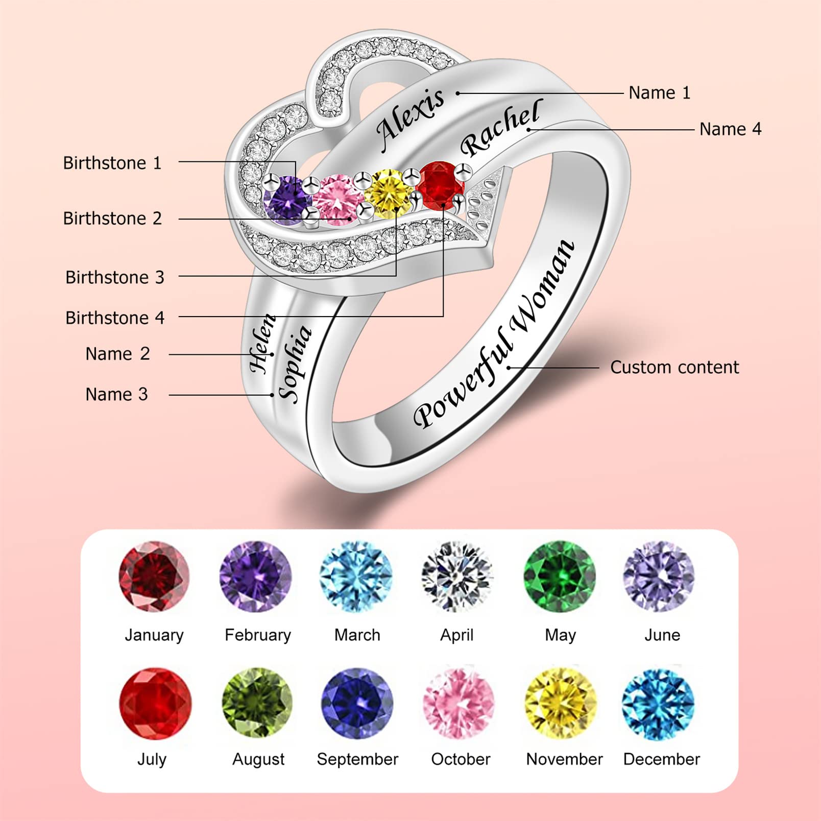 Seecoco Personalized Mothers Rings with 1-8 Simulated Birthstones Heart Mother Ring with Names Custom Mother Daughter Ring Jewelry for Women Family Ring for Mom Wife Grandmother (4 Stone)