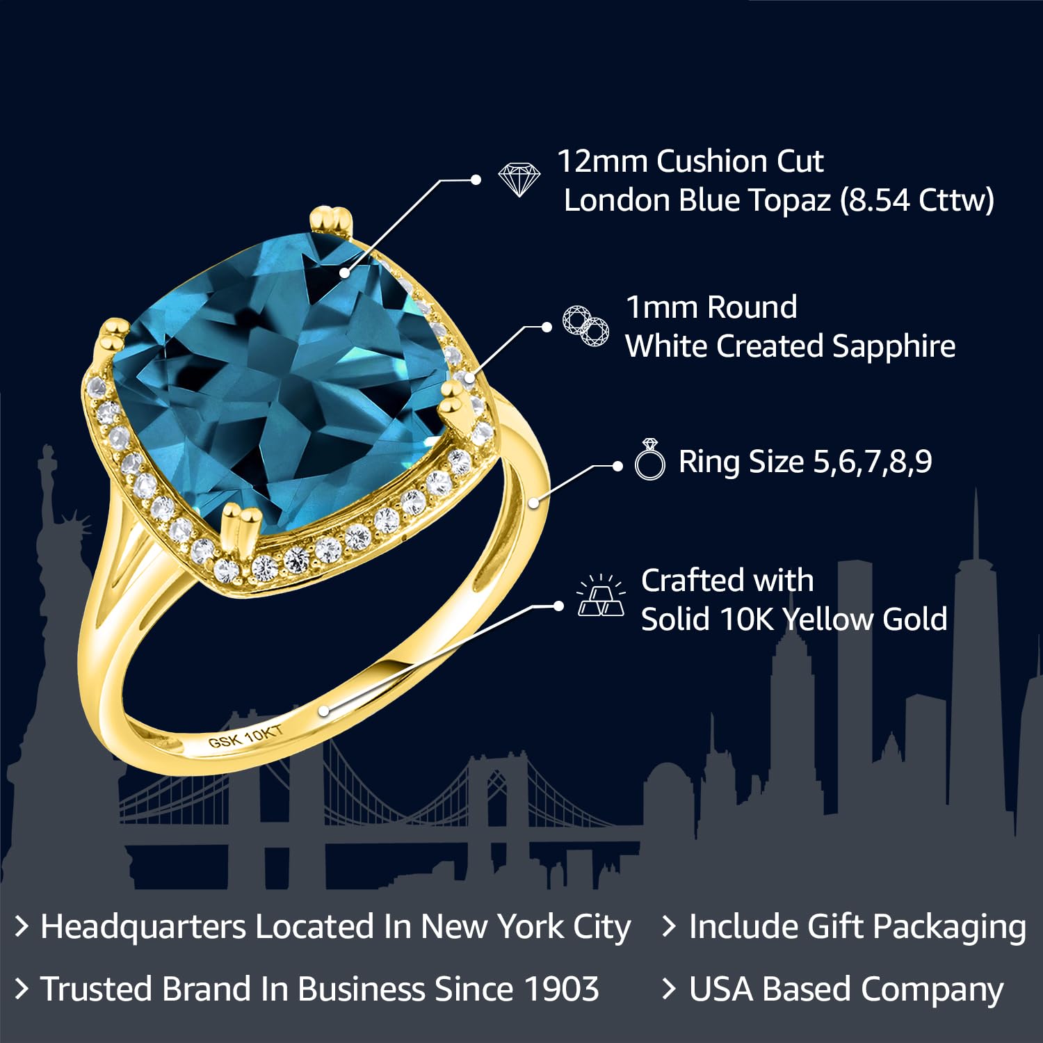 Gem Stone King 10K Solid Yellow Gold London Blue Topaz and White Created Sapphire Engagement Ring | Cushion Cut 12MM | 8.54 Cttw | Gold Ring For Women | Available In Size 5, 6, 7, 8, 9