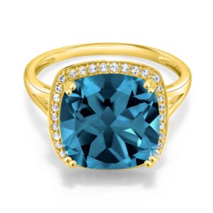 Gem Stone King 10K Solid Yellow Gold London Blue Topaz and White Created Sapphire Engagement Ring | Cushion Cut 12MM | 8.54 Cttw | Gold Ring For Women | Available In Size 5, 6, 7, 8, 9