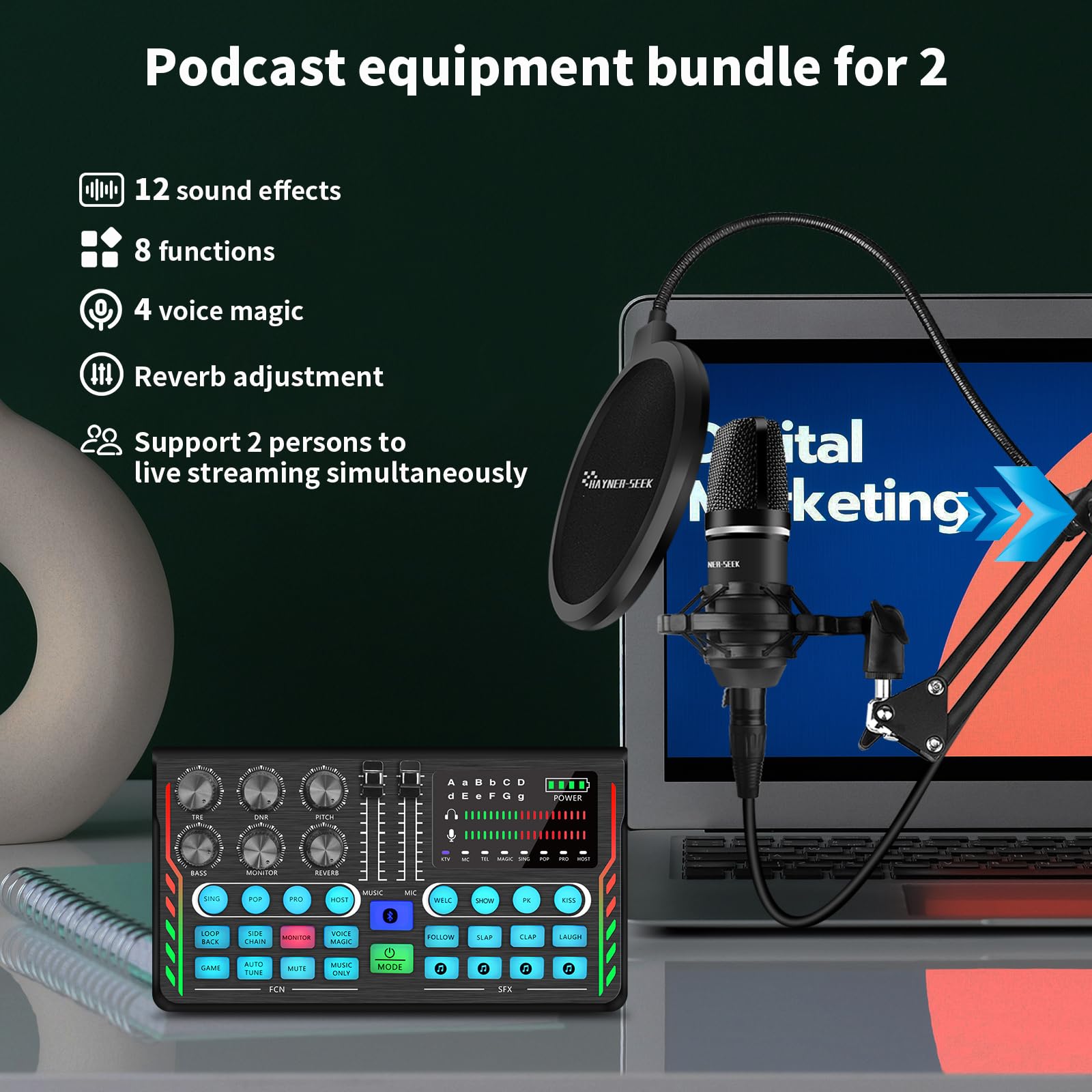 Hayner-Seek Podcast Equipment Bundle for 2, DJ Mixer with 3.5mm Diaphragm Condenser Microphone for Live Streaming, Podcast Recording,Gaming, Youtube, TikTok, PC, Smartphone